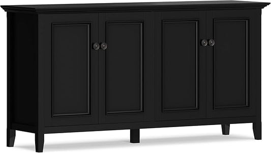 SIMPLIHOME Amherst Storage Cabinet - 66 inch Wide Solid Wood 4-Shelf Sideboard Cabinet in Black, Transitional Buffet for Living Room or Dining Room with 4 Doors and Adjustable Shelves