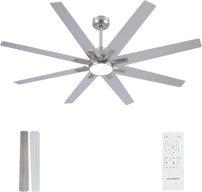Newday 62 inch Brushed Nickel Ceiling Fan with Light & Remote, Indoor/Outdoor 8-Blade Fan, 6-Speed Silent Reversible DC Motor, 3CCT LED, Timer, 2 Downrods for Living Room/Patio