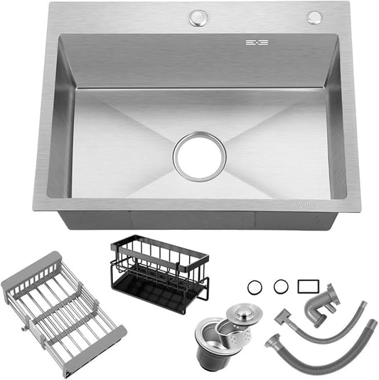 30 inch Kitchen Sink Drop in Stainless Steel Top Mount Sink with Brushed Finish, Single Bowl Workstation Sink with Basket Strainer and Kitchen Sink Caddy Organizer 29.5"D x17.7"W x 8.3"H