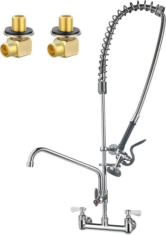 42" Height Commercial Sink Faucet with Sprayer, 8 Inch Center Wall Mount Kitchen Sink Faucet with Down Pre-Rinse Sprayer, Compartment Sink Faucet with 12" Swivel Spout for Restaurant