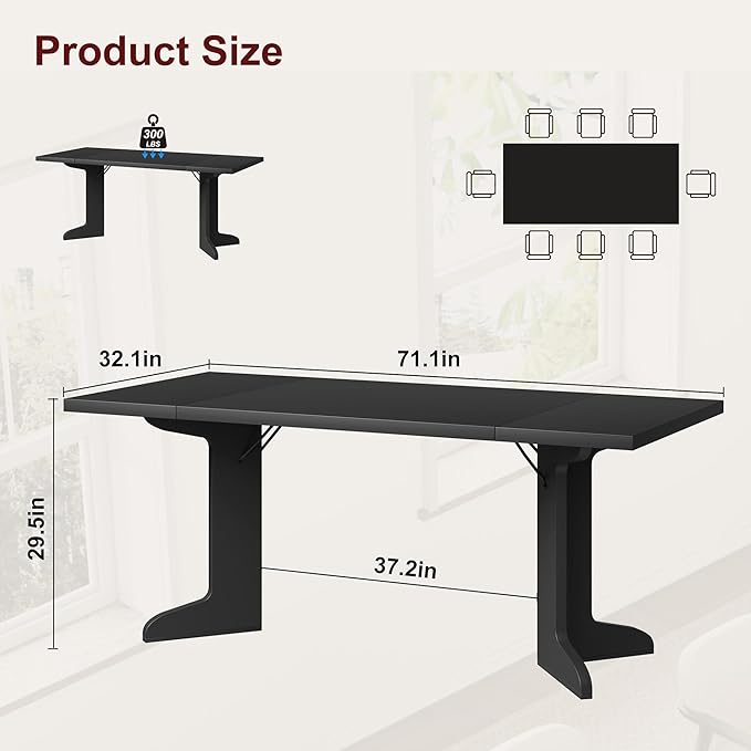 GAOMON 71.1 Inch Dining Table for 6-8 People, Farmhouse Rectangle Kitchen Table, Large Wooden Dinner Table with Thicken Tabletop and Sturdy Legs, Kitchen and Dining Room Furniture, Black