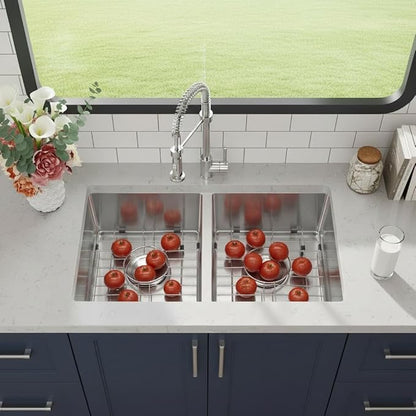 GarveeTech Kitchen Sinks,33×19×10 inch Double Bowl Undermount Kitchen Sink – Brushed 304 Stainless Steel with 2.0mm Rim, 1.0mm Bowl, Deep Basin Design, Bottom Grids & Drain Assembly