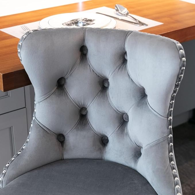 Premium Velvet Upholstered Swivel Bar Stool with Adjustable Height and Tufted Backrest for Kitchen Island, Home Bar, and Dining Space (Gray + Velvet + Foam-3)