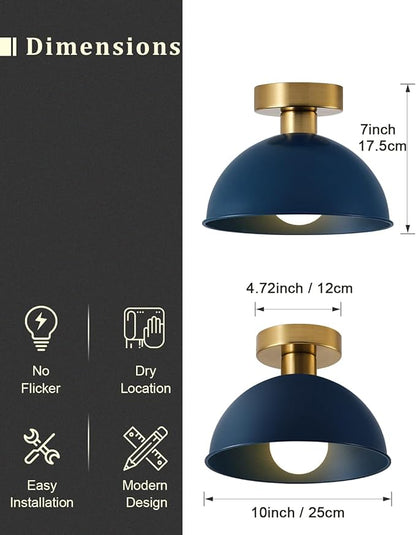 Industrial Semi Flush Mount Ceiling Light with Gold Plate and Blue Shade, Farmhouse Ceiling Light Fixture for Kitchen Island Dining Room Foyer Hallway Porch Barn Loft，10in