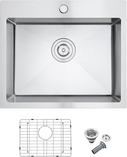 22x18 Inch Drop-In Kitchen Sink, 304 Stainless Steel Single Bowl with Bottom Grid & X-Drain, 9" Deep for Narrow Countertop, Small Kitchen, RV, Bar Sink