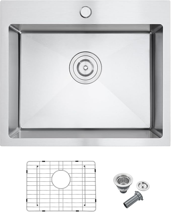 18x18 Inch Drop in Kitchen Sink, 304 Stainless Steel Single Bowl with Bottom Grid Mat & X-Shape Drain, 9” Deep Compact Sink for Small Kitchen, Apartment, RV, Wet Bar