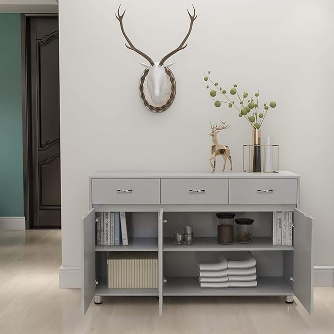 RASOO Buffet Kitchen Cabinet Storage Sideboard Cabinet Cupboard Sideboard Buffet Kitchen Room (Grey-3 Doors and 3 Drawers)