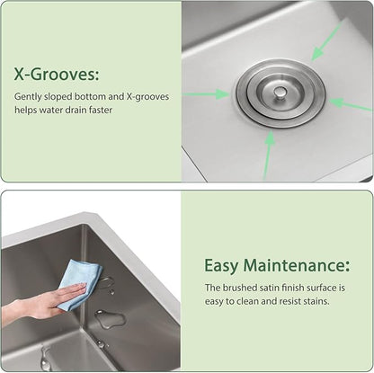 27 Inch Undermount Kitchen Sink 16 Gague Stainless Steel Round Corner Single Bowl Deep Kitchen Sinks Basin 27"x18"x9"