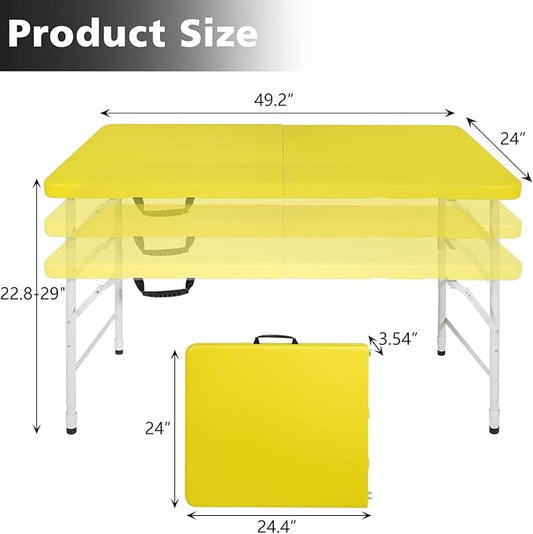 Portable 4Ft Adjustable Height Plastic Folding Table, Heavy Duty Fold-in-Half Table with Carrying Handle, Small Utility Foldable Table for Picnic Party Camping BBQ, Indoor/Outdoor (Yellow)