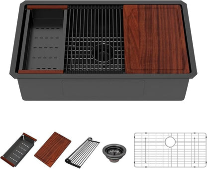 33 Inch Matte Black Workstation Kitchen Sink - Premium NANO-PVD Coated Undermount Sink, 16 Gauge Deep Single Bowl with Accessory Ledge & Round Corner, Fits 36” Cabinet (33"x19"x10")