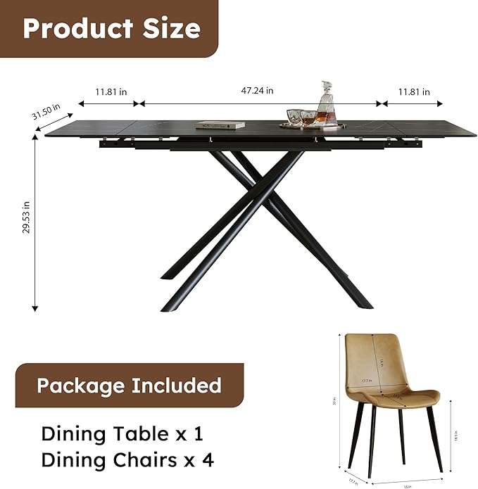 Runboll Extendable Rectangular Dining Table Set for 4, 47"-71" Modern Sintered Stone Kitchen Table with 4 Chairs and Carbon Steel Legs for Dining Room Family Gathering