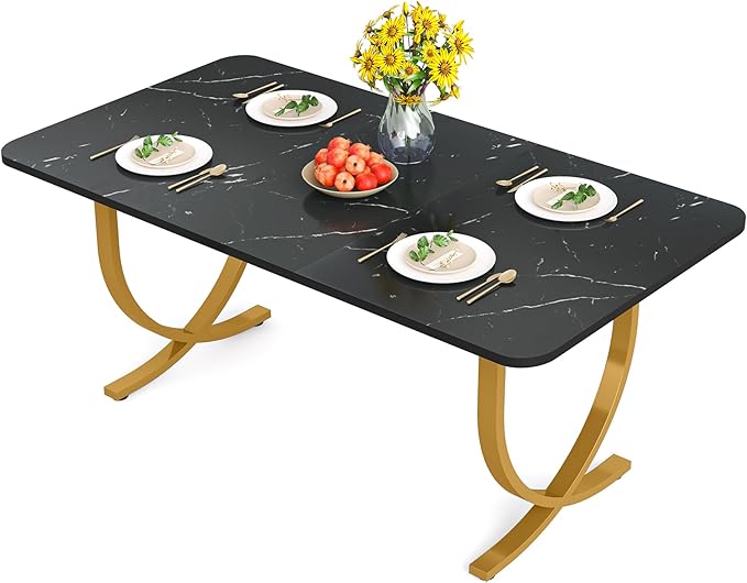 LITTLE TREE Dining Room Table, Kitchen Table with Faux Marble Table Top and Gold Metal Legs