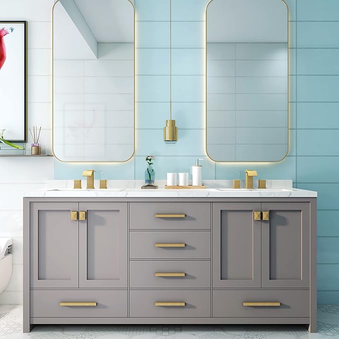 Luxury Brass Widespread Waterfall Bathroom Sink Faucets for 3 Hole 2-Handle 8 Inch Deck Vanity Faucet, &Stainless Steel Pop-up Drain Assembly, Brushed Gold