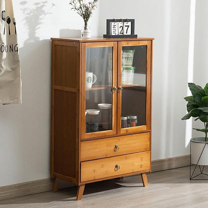 Gdrasuya10 Bamboo Kitchen Pantry Buffet Storage Sideboard, Pantry Sideboard Cabinet with 2 Drawers Kitchen Cupboard Buffet Server Freestanding Coffee Bar Storage Cabinet for Home