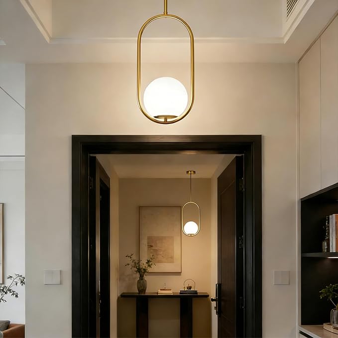 Modern Gold Oval Pendant Light with Opal Glass Globe, Single Hanging Light for Kitchen Island, Adjustable Height Gold Pendant Fixture for Dining Room, Bedroom, Entryway, Hardwired (2, Gold)