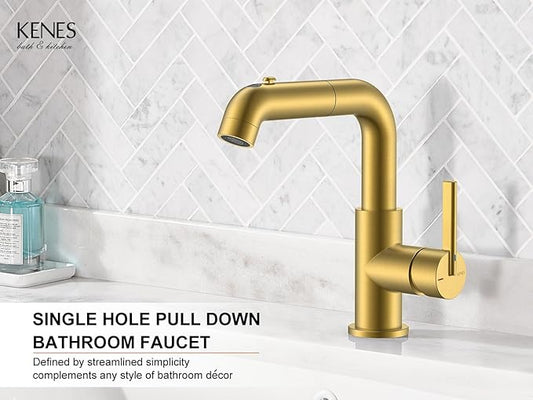 KENES Pull Down Bathroom Faucet with Sprayer, Brushed Gold Single Handle Bathroom Sink Faucet with Pull Out Sprayer, Vanity Bar Faucet with Pop Up Drain & Deck Plate, LJ-9055A-4