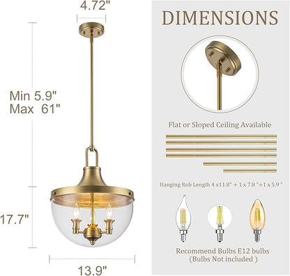 Lingkai Brass Gold Glass Pendant Lights,Industrial Farmhouse Hanging Light Fixtures with Clear Glass Shade,Modern Kitchen Island Lighting for Dining Room Bedroom Bar Hallway Foyer 13.7 Inch