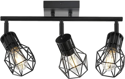3 Light Track Lighting Fixtures Ceiling，Black Flush Mount Ceiling Light with E26 Lamp Head, Industrial Black Kitchen Track Lighting for Kitchen, Living Room, Dining Room, Hallway