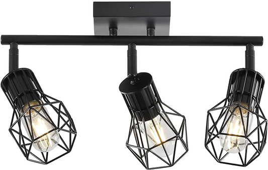 3 Light Track Lighting Fixtures Ceiling，Black Flush Mount Ceiling Light with E26 Lamp Head, Industrial Black Kitchen Track Lighting for Kitchen, Living Room, Dining Room, Hallway