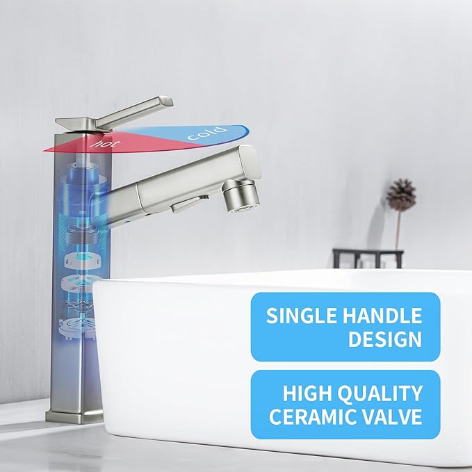 HANLIAN Single Hole Bathroom Pull Out Faucet with Rotating Spout, One Handle Faucet for Bathroom Sink, Modern Bathroom Faucet with Pull Down Sprayer, 3 Modes Vanity Faucets (Brushed Nickel, Tall)