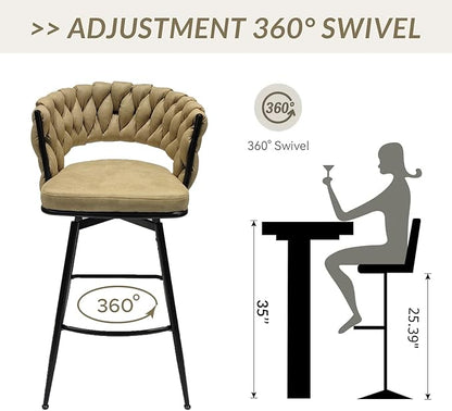 LUMISOL Bar Stool Set of 2, Golden Legs Bar Stools No Adjustable Kitchen Island Chairs Upholstered Bar Chair Counter Stool Arm Chairs with Back Footrest, Light Brown