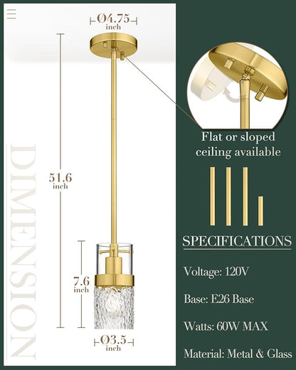 LMS 2-Pack Modern Pendant Lights, Brushed Gold Pendant Light Kitchen Island with Hammered Glass, Adjustable Hanging Light Fixtures for Kitchen, Dining Room, Living Room, LMS-171GD2