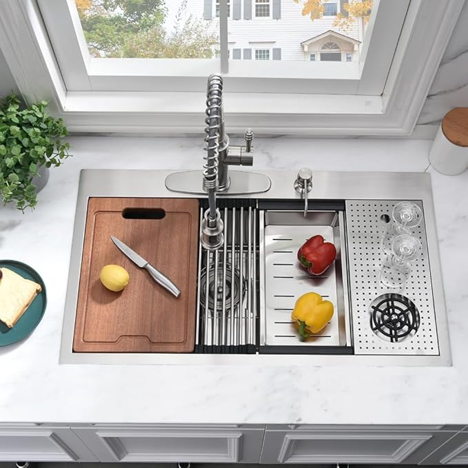 33 Inch Drop In Kitchen Sink with Cup Washer Workstation-Bokaiya 33x19 Stainless Steel Drop In Sink Ledge Workstation 16 Gauge Deep Top Mount Single Bowl Kitchen Sink