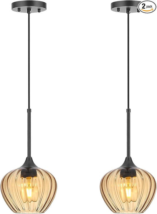 2Pack Amber Glass Pendant Light, 7 Inch Vintage Pendant Light Fixtures Modern Small Pendant Hanging Lights for Kitchen Island Dining Room Bathroom Coffee Bar