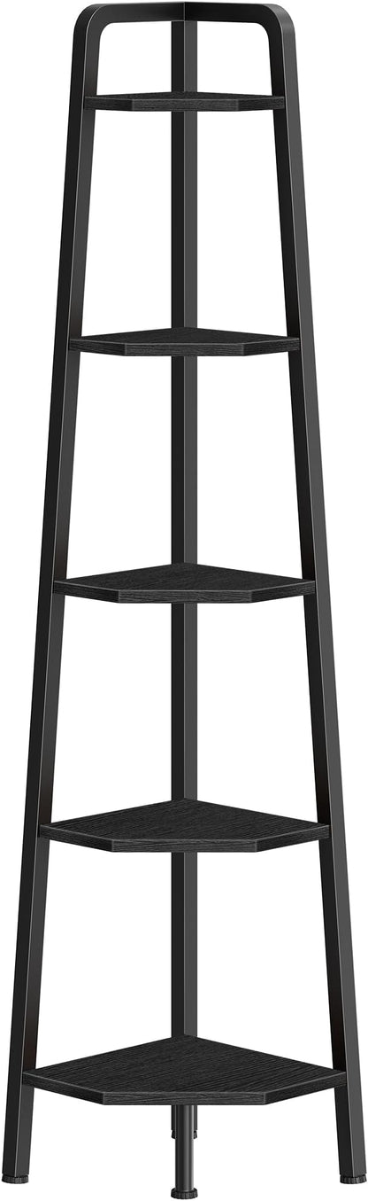 CHOEZON Corner Shelf, 5-Tier Ladder Corner Shelf, Ladder Bookshelf, 59.6" Tall Vertical Display Stand, Metal Frame Bookshelf, for Living Room, Bedroom, Kitchen, Black TCJ20BB