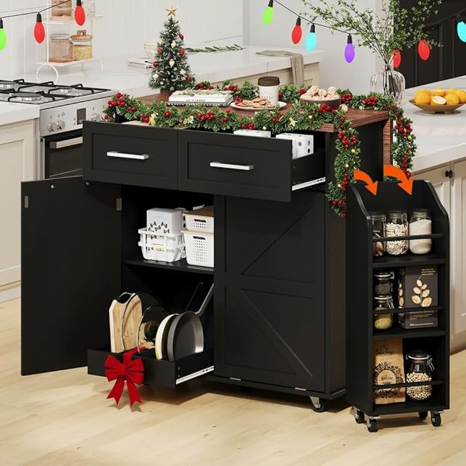 47.2" Kitchen Island with Drop Leaf, Portable Kitchen Cart with Trash Storage Cabinet & Removable Side Racks, 2 Drawers, Rolling Island Table on Wheels with Towel Rack, Black