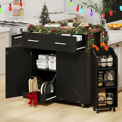 47.2" Kitchen Island with Drop Leaf, Portable Kitchen Cart with Trash Storage Cabinet & Removable Side Racks, 2 Drawers, Rolling Island Table on Wheels with Towel Rack, Black