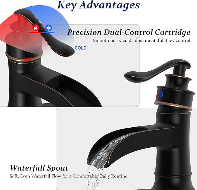 BWE Bathroom Sink Faucet Oil Rubbed Bronze Waterfall with Pop Up Drain Stopper Assembly Water Supply Hose Rustic Lead-Free Lavatory Vanity Bath Black Farmhouse Faucet Single Handle Mixer Single Hole