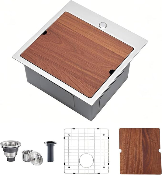 18x18 Inch Drop In Bar Sinks, Stainless Steel Top Mount Single Bowl Kitchen Prep Sink Wet Bar Laundry Outdoor RV Patio Sink with Cutting Board