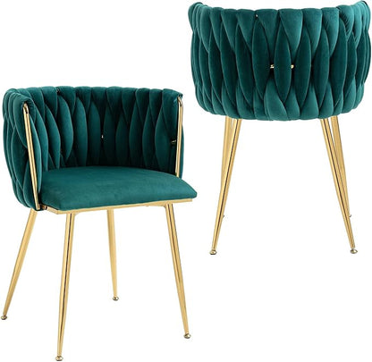 Nrizc Woven Dining Chairs Set of 2, Velvet Upholstered Dining Chairs with Gold Metal Legs, Modern Accent Chairs for Living Room, Dining Room, Kitchen (Green)