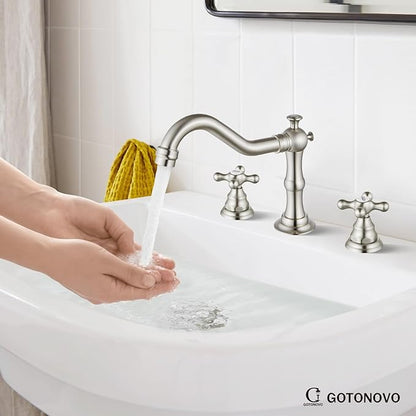 gotonovo Bathroom Faucet 3 Hole 8 Inch Widespread Bathroom Sink Faucet 2 Cross Handles Vintage Lavatory Vanity Mixer Tap with Pop Up Drain, HOT Cold Label, Brushed Nickel