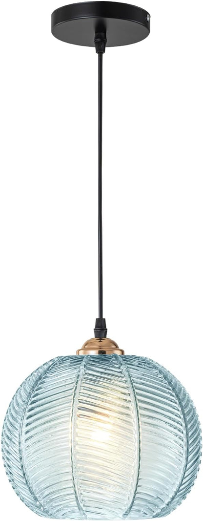 Glass Pendant Light Fixtures, Mid-Century Modern Hanging Lamp with 8.2" Light Blue Shade, Gold Chandelier Coastal Ceiling Light for Dining Table, Kitchen Island, Bedroom