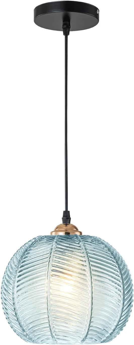 Glass Pendant Light Fixtures, Mid-Century Modern Hanging Lamp with 8.2" Light Blue Shade, Gold Chandelier Coastal Ceiling Light for Dining Table, Kitchen Island, Bedroom