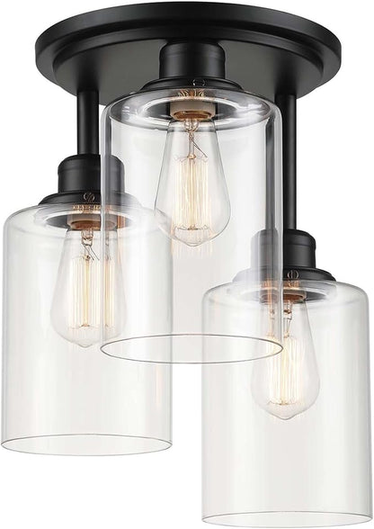 Globe Electric 65456 3-Light Flush Mount Ceiling Light, Industrial Tiered Matte Black Fixture, E26 Base, Dimmable