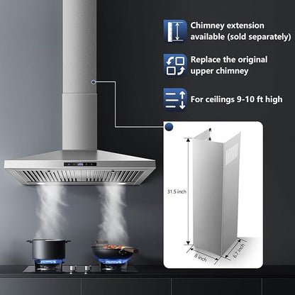 SNDOAS Range Hood 30 inches,Stainless Steel Wall Mount Range Hood,Vent Hood 30 inch w/Touch Control,Ducted/Ductless Convertible,Chimney-Style Over Stove Vent Hood,Kitchen Hood,Baffle Filters