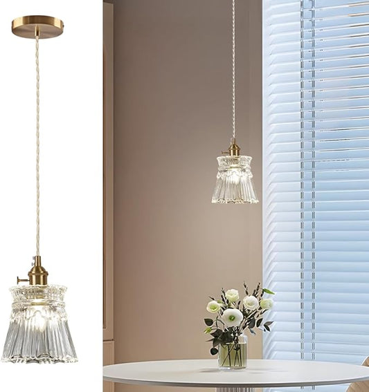 Glass Pendant Light 5.7 Inch Mini Vintage Brass Pendant Lights Fixture with Switch Farmhouse Hanging lamp for Kitchen Island Dining Room Hallway Bedroom Bar Restaurants Foyer E26 Gold 1-Light