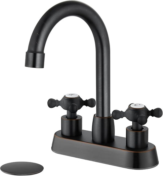 4 Inch Centerset Bathroom Faucets Double Cross Handle Bathroom Sink Faucet Deck Mounted Vintage RV Farmhouse Vanity Basin Mixer Tap with Pop up Drain,Oil Rubbed Bronze