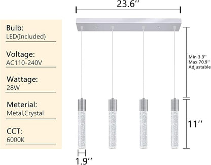 4-Lights Mini Crystal Pendant Light for Kitchen Island, Modern Led Crystal Chandelier for Dining Room Living Room 6000K