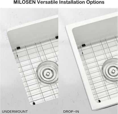 MILOSEN White Bar Sink 13×15 Inch, Undermount Wet Bar Prep Sink for RV Kitchen, Single Bowl Granite Composite Design with Custom Accessories, 9'' Deep White Quartz Small Bar Sinks