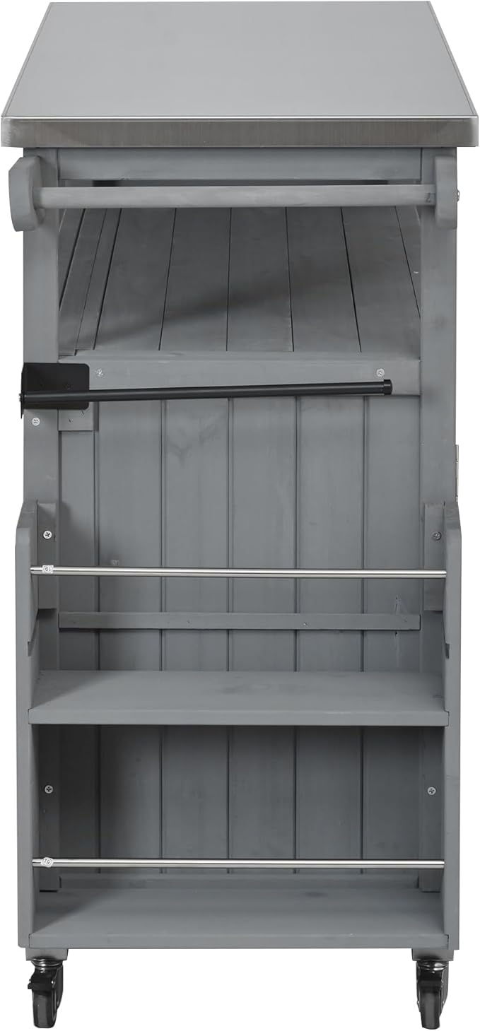 JIJIWANG 60.6" Mobile Kitchen Storage Island with Storage Cabinet and Towel Rack, Foldable Outdoor Kitchen Island with Stainless Steel Top and Lockable Wheels for Patio and Outdoor Grey