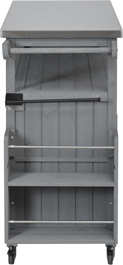 JIJIWANG 60.6" Mobile Kitchen Storage Island with Storage Cabinet and Towel Rack, Foldable Outdoor Kitchen Island with Stainless Steel Top and Lockable Wheels for Patio and Outdoor Grey