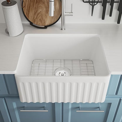 DeerValley Farmhouse Single Kitchen Sink, 24" L x 18" W White Reversible Single Bowl Farm Sink with Apron Front Ceramic Kitchen Sinks with Grid & Strainer