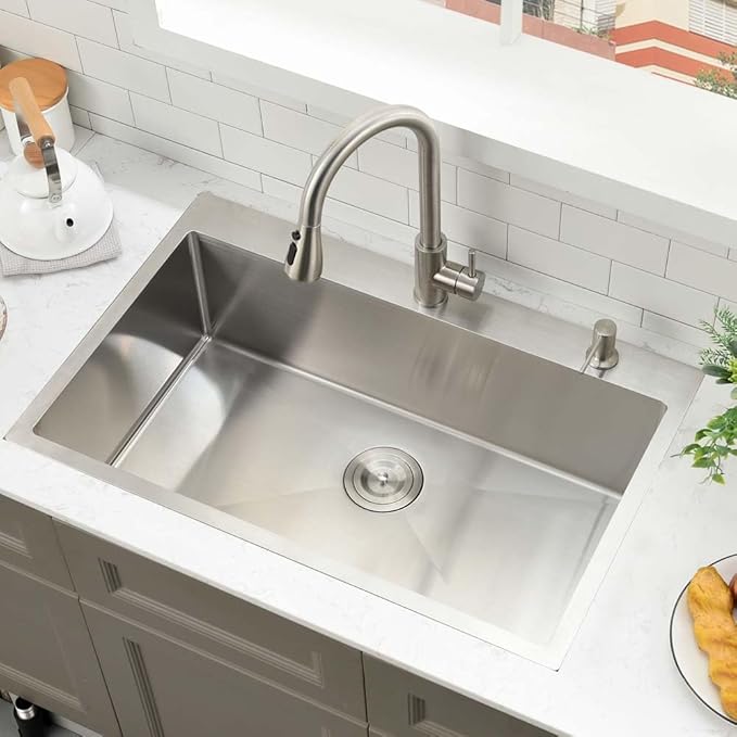 30 Inch Kitchen Sink Drop In,30x18 Drop In Kitchen Sink Top Mount Stainless Steel 18 Gauge Single Bowl Deep Single Bowl Overmount Kitchen Sinks with Soap Dispenser