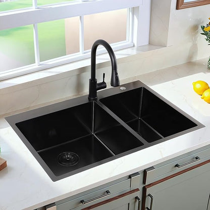 IKEBANA 33 Inch Black Double Kitchen Sink Drop In, 33x22 Inch 16 Gauge 304 Stainless Steel Topmount Kitchen sink, 60/40 Double Basin Workstation Sink With Accessories