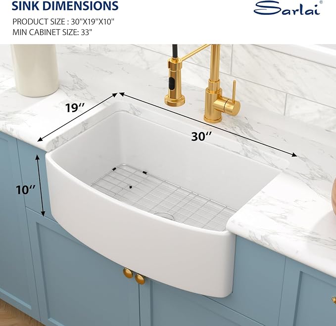 Sarlai 30 White Farmhouse Sink - 30 Inch Kitchen Sink Arch Edge Curved Apron Front Ceramic Porcelain Fireclay Single Bowl Farmer Sinks