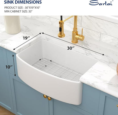 Sarlai 30 White Farmhouse Sink - 30 Inch Kitchen Sink Arch Edge Curved Apron Front Ceramic Porcelain Fireclay Single Bowl Farmer Sinks